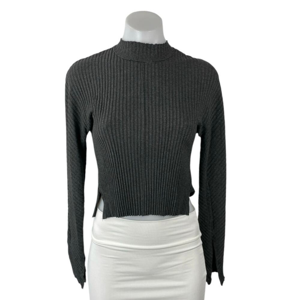 Cale Gray Ribbed Mock Neck Long Sleeve Side Slit Crop Sweatshirt Sweater Top S
